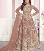 Pink embroidered net semi stitched salwar with dupatta