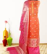 Women's orange woven banarasi unstitched salwar with dupatta