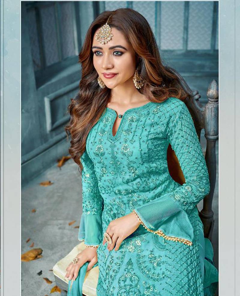 Aqua Blue Heavy Faux Party Wear Designer Suit Zoharin 3068971