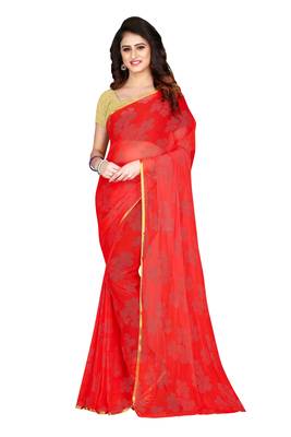 Red embroidered chiffon saree with blouse 1
