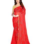 Red embroidered chiffon saree with blouse