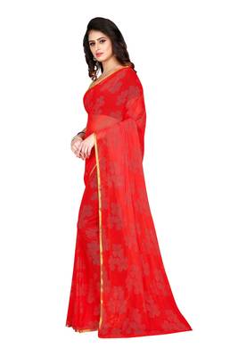 Red embroidered chiffon saree with blouse 2
