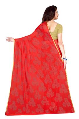 Red embroidered chiffon saree with blouse 3