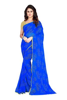 Blue embroidered chiffon saree with blouse 1