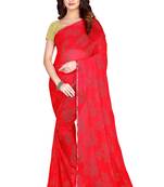 Red embroidered chiffon saree with blouse