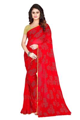 Red embroidered chiffon saree with blouse 1