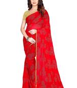 Red embroidered chiffon saree with blouse