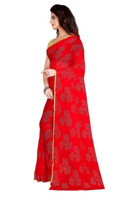 Red embroidered chiffon saree with blouse 2