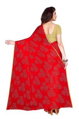 Red embroidered chiffon saree with blouse 3