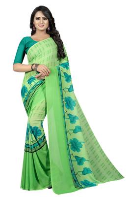 Light green printed georgette saree with blouse 1