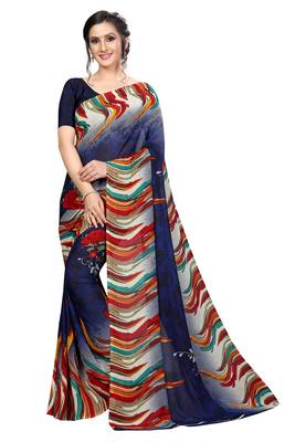 Navy blue printed georgette saree with blouse 1