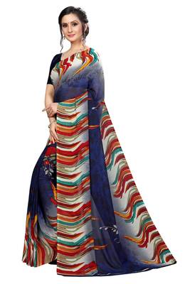 Navy blue printed georgette saree with blouse 2