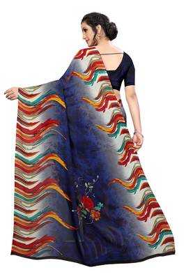 Navy blue printed georgette saree with blouse 3