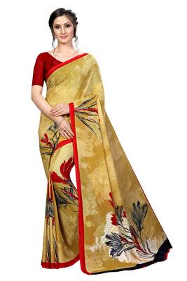 Beige printed georgette saree with blouse 1