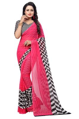 Pink printed georgette saree with blouse 1