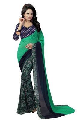 Green printed georgette saree with blouse 1