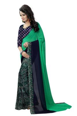 Green printed georgette saree with blouse 2