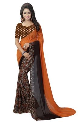 Orange printed georgette saree with blouse 1