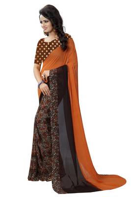 Orange printed georgette saree with blouse 2