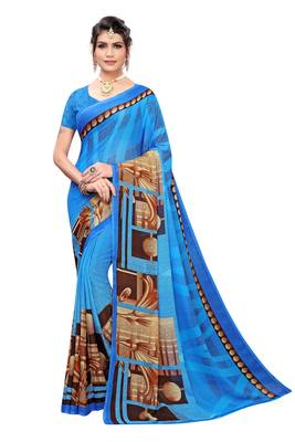 Blue printed georgette saree with blouse 1