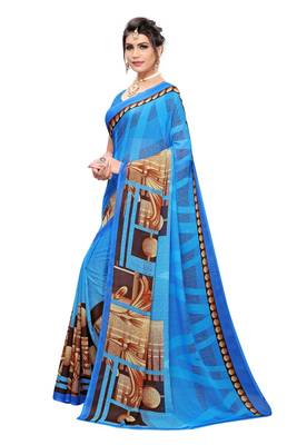 Blue printed georgette saree with blouse 2