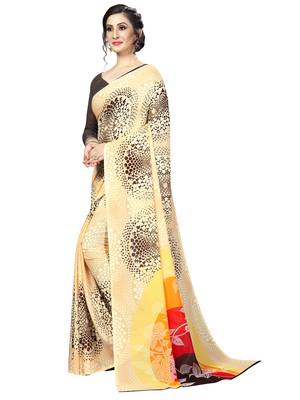 Beige printed georgette saree with blouse 1