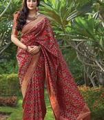 Maroon woven banarasi silk saree with blouse