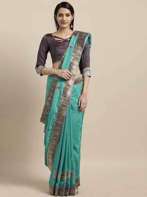 Blue embroidered silk blend saree with blouse 1