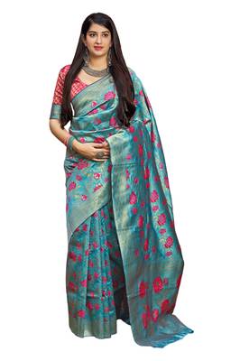Blue woven art silk saree with blouse 1