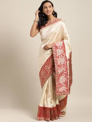 Cream embroidered art silk saree with blouse 1
