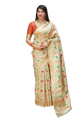 Cream woven art silk saree with blouse 1