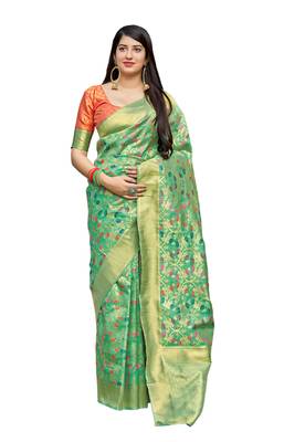 Light green woven art silk saree with blouse 1
