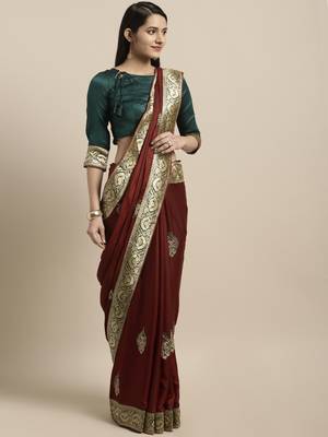 Maroon embroidered silk blend saree with blouse 1