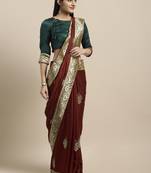 Maroon embroidered silk blend saree with blouse