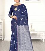 Navy blue woven art silk saree with blouse