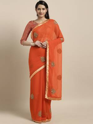 Orange embroidered chiffon saree with blouse 1