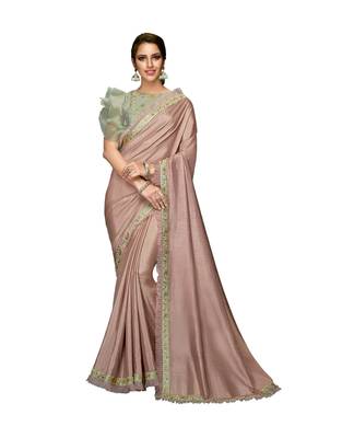Pink embroidered silk blend saree with blouse 1