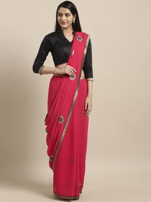 Pink embroidered georgette saree with blouse 1