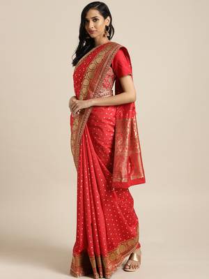 Red embroidered art silk saree with blouse 1