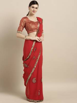 Red embroidered georgette saree with blouse 1