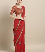 Red embroidered georgette saree with blouse