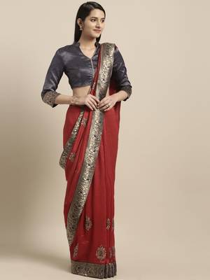 Red embroidered silk blend saree with blouse 1