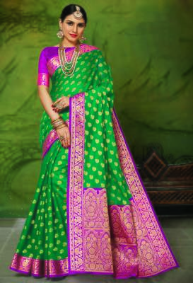 Sea green woven art silk saree with blouse 1