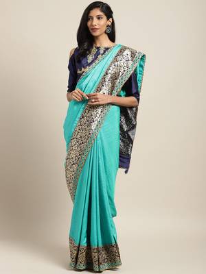 Sky blue embroidered art silk saree with blouse 1