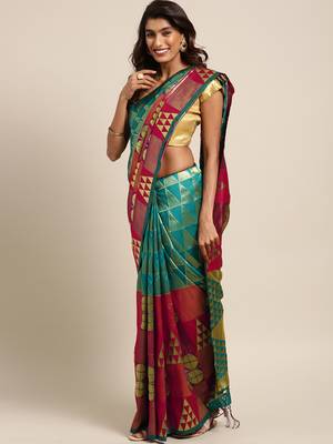 Teal woven art silk saree with blouse 1