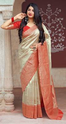 Beige woven art silk sarees saree with blouse 3