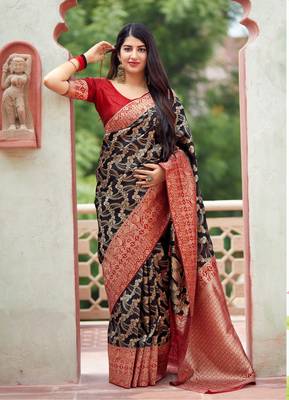 Black woven art silk sarees saree with blouse 2