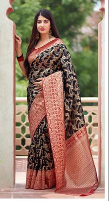 Black woven art silk sarees saree with blouse 3