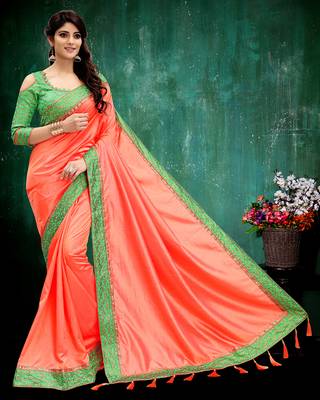 Salmon plain silk saree with blouse 1