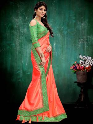 Salmon plain silk saree with blouse 2